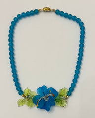 Vintage made Blue Frosted Italian Murano Glass Bead & Flower Necklace – Green Leaves