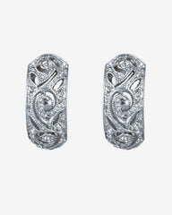 Victorian-Style Filigree Hoop Earrings with Crystals – Platinum Plated, French Clip