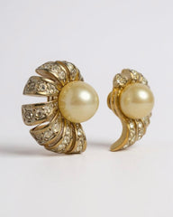 Glamorous Vintage Pearl & Rhinestone Fan Gold High-End Plated Earrings