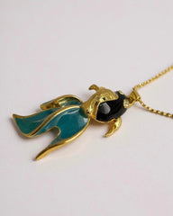 Enchanting Vintage Gold Toned & Teal Enamel Fish Pendant Necklace