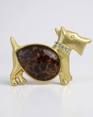 Vintage Gold-Tone Matte Terrier Dog Brooch – Clear Rhinestone Collar & Jasper Belly