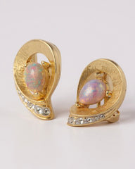 Vintage Nina Ricci Gold-plated Clip-On Earrings with Opalescent Cabochons & Crystals