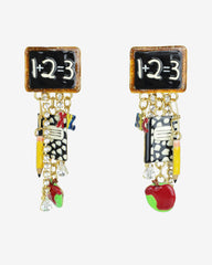 Lunch at The Ritz – Teachers’ School Days Enamel Bead Dangle Clip Earrings with Clear Rhinestones & Gold Post
