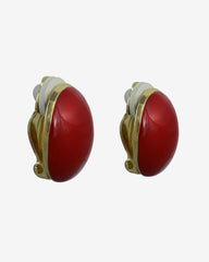 Vintage Red Enamel Clip-On Earrings – Oval Gold-Plated Statement Piece