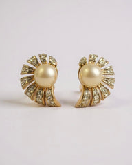 Glamorous Vintage Pearl & Rhinestone Fan Gold High-End Plated Earrings