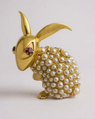 Vintage Marcel Boucher Rabbit Brooch – Pearl Rhinestone Body, Red Cabochon Eye