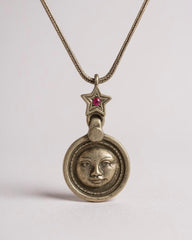 Authentic Sterling Silver Greek Moon Face Pendant with Star & Natural Ruby – Necklace