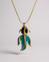 Enchanting Vintage Gold Toned & Teal Enamel Fish Pendant Necklace