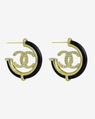 Chanel CC Hoop Earrings – Gold-plated with rhinestones and black enamel. A timeless emblem of elegance