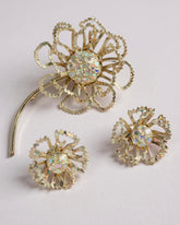 Vintage Sarah Coventry “Allusion” Brooch & Clip-On Earrings Set – 1968 – Aurora Borealis Rhinestone Flower Jewelry