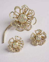 Vintage Sarah Coventry “Allusion” Brooch & Clip-On Earrings Set – 1968 – Aurora Borealis Rhinestone Flower Jewelry