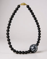 Vintage 1950’s Murano Glass Necklace with Black Beads and Marbled Statement Bead