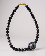 Vintage 1950’s Murano Glass Necklace with Black Beads and Marbled Statement Bead