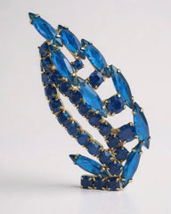 Swirled Domed Leaves – Vintage Rhinestone Blue Glass Brooch