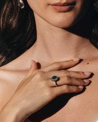 Exquisite White Gold Black Opal & Emerald Cluster Ring - Elegant Floral Design