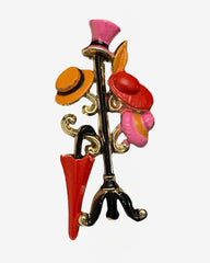 Vintage Enamel Hat & Umbrella Stand Brooch – Colorful Gold-Tone Pin, Unsigned
