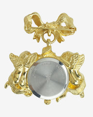 c.1980 AVON Watch Clock Pin Brooch – Signed, Unisex, Featuring Bow & Cherub Angel, Working Timepiece