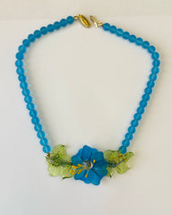 Vintage Handmade Blue Frosted Italian Murano Glass Bead & Flower Necklace – Green Leaves