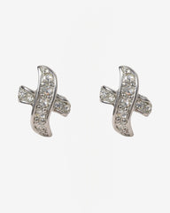 c.1970, X-Shape Platinum-Plated Clear Crystal Post Earrings – Elegant Sparkle