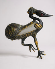 Vintage Stylized Bird Black & Gold Heron Brooch with Clear Glass Inlay