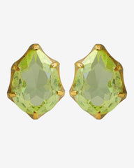 French designer earrings featuring vibrant green peridot rhinestones. A touch of classic glamour