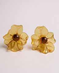 Genuine MURANO GLASS Amber Tone Flower Clip-On Earrings – 5 Petal – Handmade In Italy – Vintage