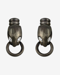 c.1980, Panther-Leopard Earrings in Iridescent Gray Molded Glass & Hematite
