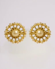Elite Pick— Radiant Vintage Pearl & Gold Statement Earrings High-End Sunburst Design
