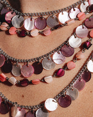 Japan Signed Multi-Strand Necklace – Pink & White Shell Disc Layers Statement