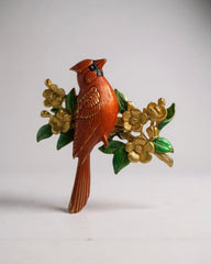 Vintage JJ Signed Enamel Cardinal Bird Brooch with Yellow Flowers