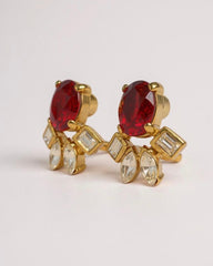 Dazzling Vintage Ruby Red & Clear Crystal Gold Toned Statement Stud Earrings