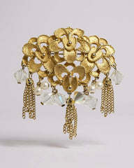 The Golden Cascade— Vintage Gilded Bloom Brooch with Draped Pearls & Crystal Accents