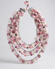 Japan Signed Multi-Strand Necklace – Pink & White Shell Disc Layers Statement