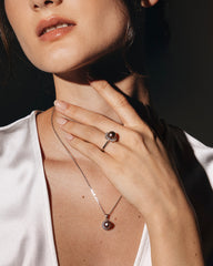 STERLING SILVER NATURAL BLACK PEARL  ZIRCONIA NECKLACE AND RING SET - ELEGANTLY CRAFTED
