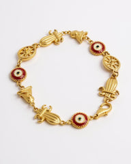 Golden French Design Bracelet Ancient Symbol Charms & Evil Eye Accent